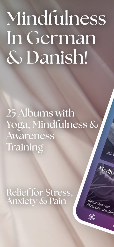 Mindfulness in German and Danish app screen showing yoga and stress relief features