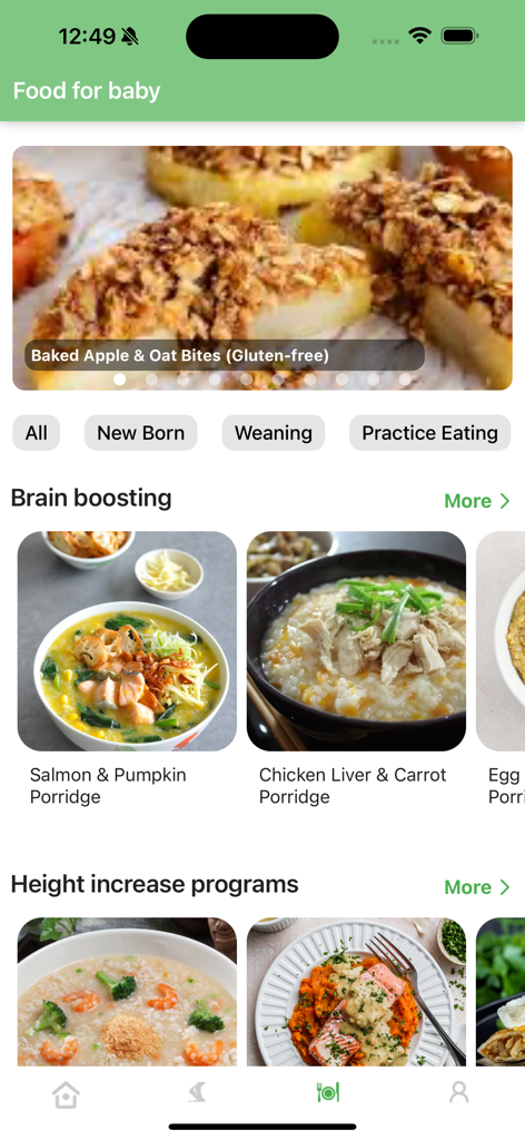 KidWorkout 360 Grow Faster - Seção de nutrição do KidWorkout 360 exibindo receitas saudáveis para impulsionar o cérebro e o crescimento em altura