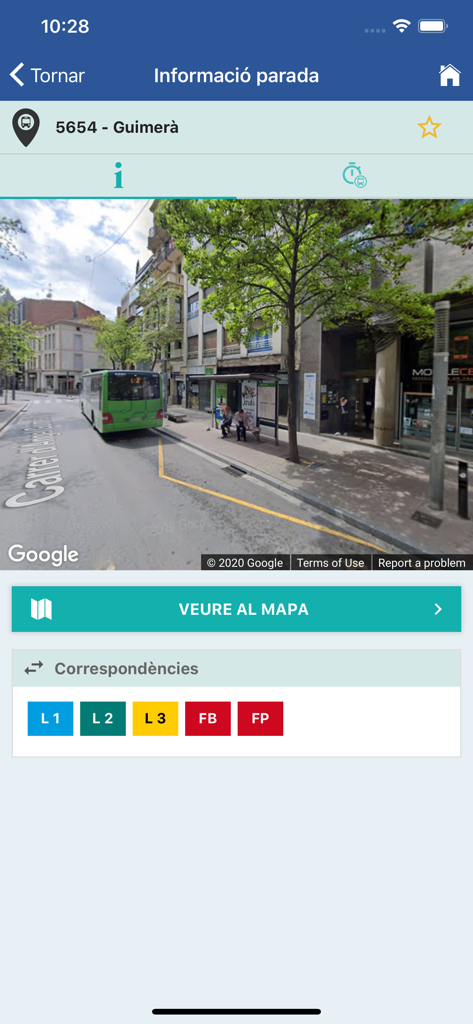 Interface de l'application Sagalés montrant l'emplacement d'un arrêt de bus avec vue sur la rue et les connexions de lignes de transport.