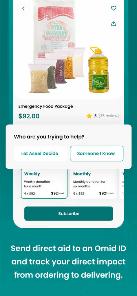 Mobile interface of the Aseel app showing an emergency food package for donation with recipient selection and Omid ID tracking features.