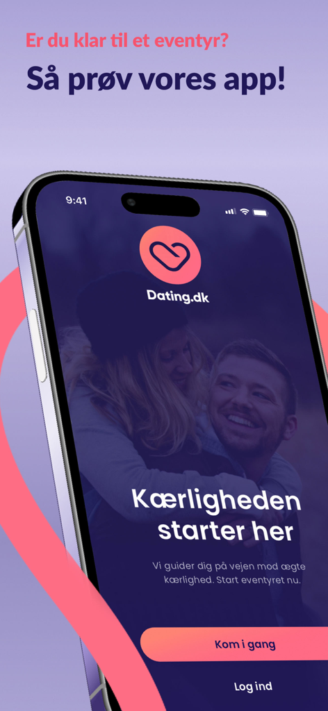 Dating.dk - Dating.dk welcome screen on an iPhone featuring a happy couple and Danish text