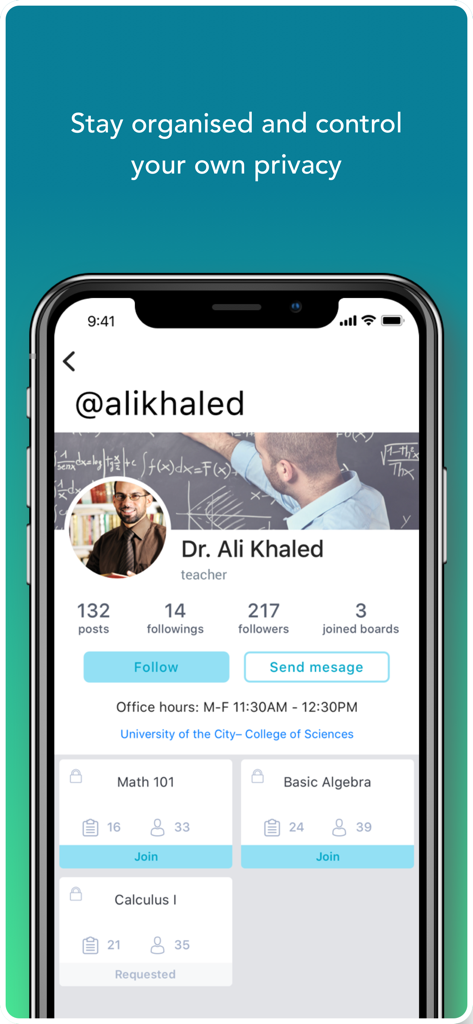 MyU - Interactive Learning - An instructor profile page in the MyU app showing teacher details office hours and class boards