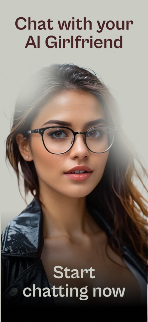 Pantalla de bienvenida de Novia IA Chat Picante con un personaje femenino de IA realista con gafas