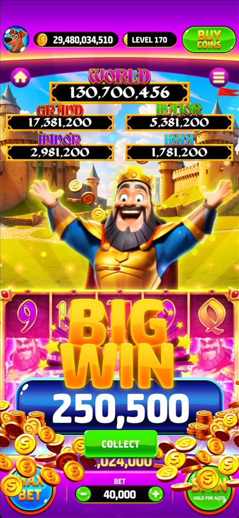 Slots World - Vegas Casino - A big win screen in the Slots World Vegas Casino mobile app featuring a cheerful cartoon king and gold coins
