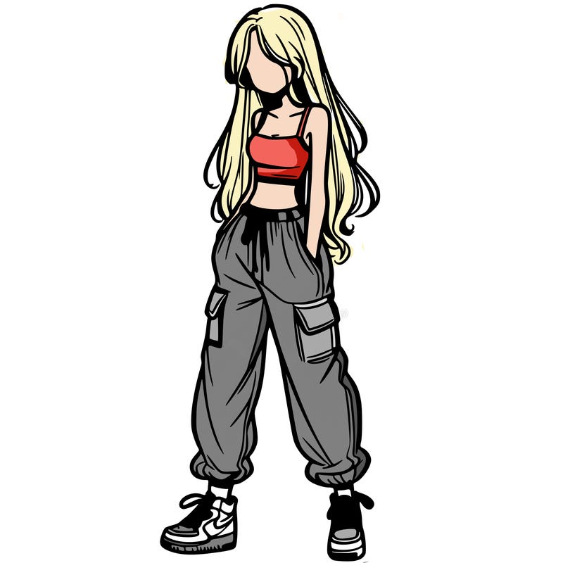 girl in baggy pants crop top and long hair