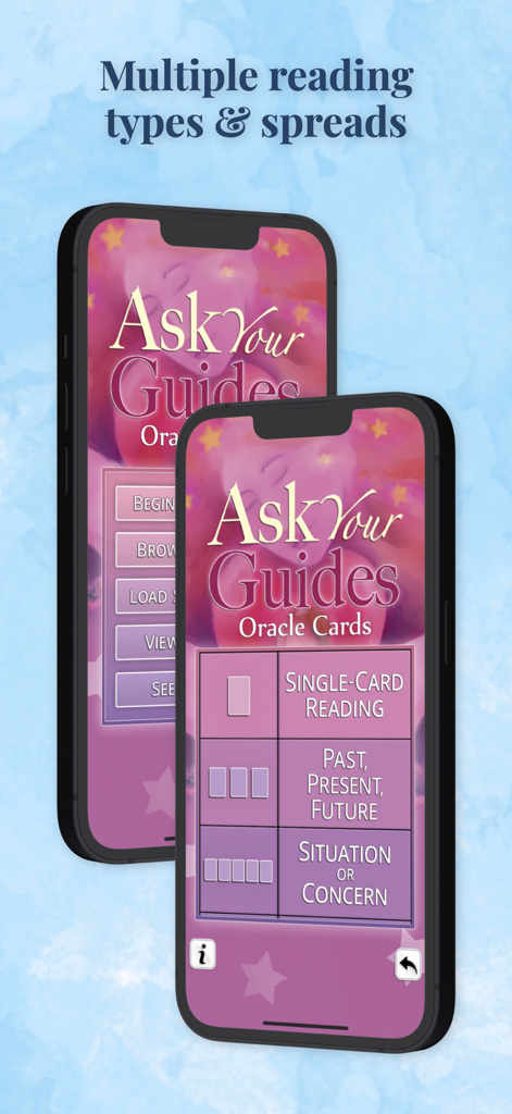 Ask Your Guides Oracle Cards - Two smartphones displaying different oracle card reading spreads and types in the Ask Your Guides app