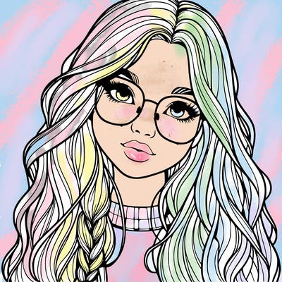 girl with long hair and freckles and glasses realistic