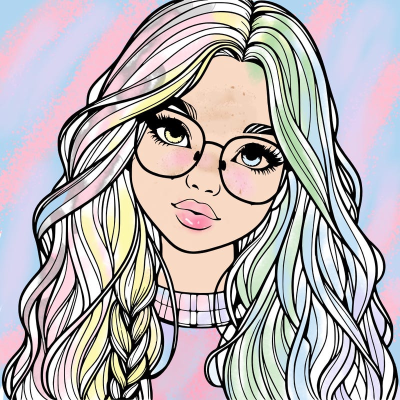 girl with long hair and freckles and glasses realistic