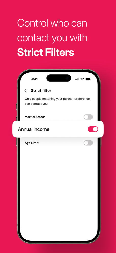 NikahForever Muslim Matrimony - Screenshot of the NikahForever app showing strict filter settings for partner preferences like income and age.