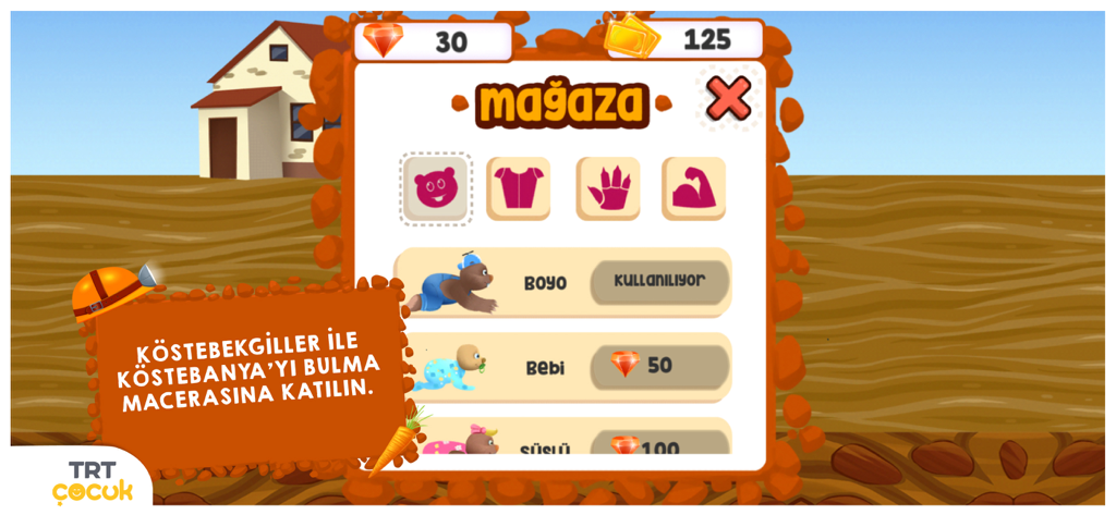 TRT Köstebekgiller In-Game-Store-Menü mit Maulwurffiguren, Edelsteinen und Goldmünzen