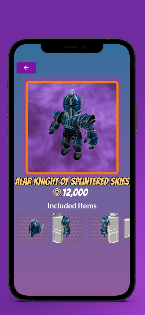 RBX & Codes: Skins Coins - A preview of the Alar Knight of Splintered Skies skin and its items