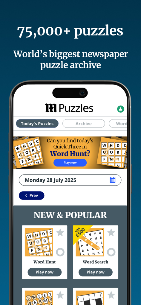 Irish Daily Mail app screen showing a library of over 75,000 newspaper puzzles including Word Hunt and Word Search