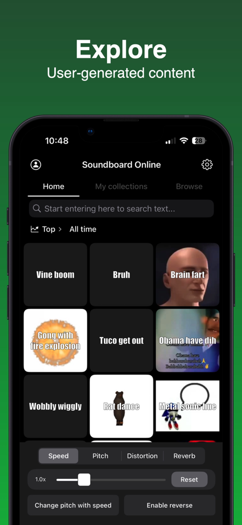 Soundboard Online - Memes - Pantalla de inicio de la aplicación Soundboard Online con varios botones de sonido de memes y controles de audio.
