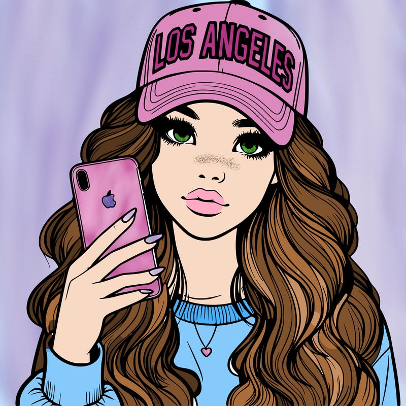 realistic beautiful girl wearing los ángeles cap holding an iphone