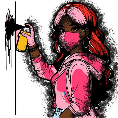realistic girl with mask spray painting a wall