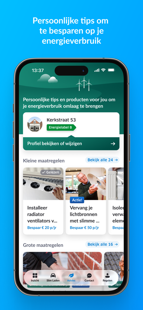 ENGIE Energie NL - A smartphone screen displaying personal energy saving tips and advice in the ENGIE Energie NL app