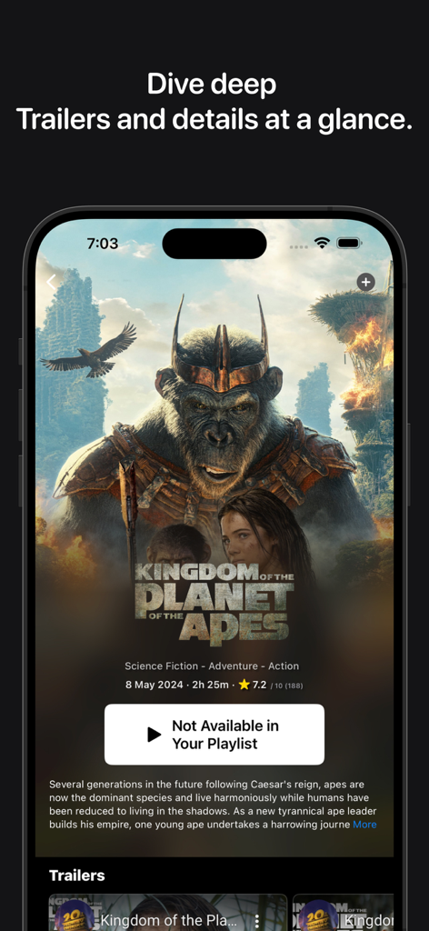 IPTV+: My Smart IPTV Player - iPhone-Screenshot mit Filmdetails und Trailern zu Kingdom of the Planet of the Apes in der IPTV Plus App