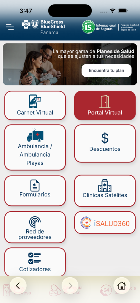 Panel principal de la aplicación BlueCross BlueShield Panama que muestra la red de proveedores de identificación digital y las opciones de planes de salud
