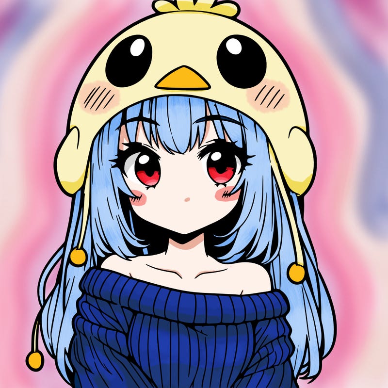 anime girl with chick shaped hat with sweater with bare shoulders with bangs covering them one eye with low tail