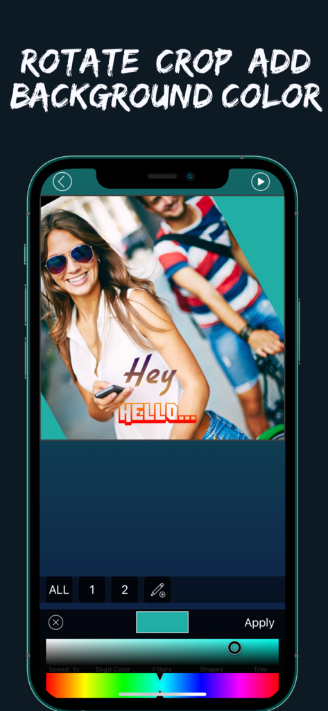 Video Editor Pro: Merge Videos - Video Editor Pro app interface for rotating cropping and adding background color to a video