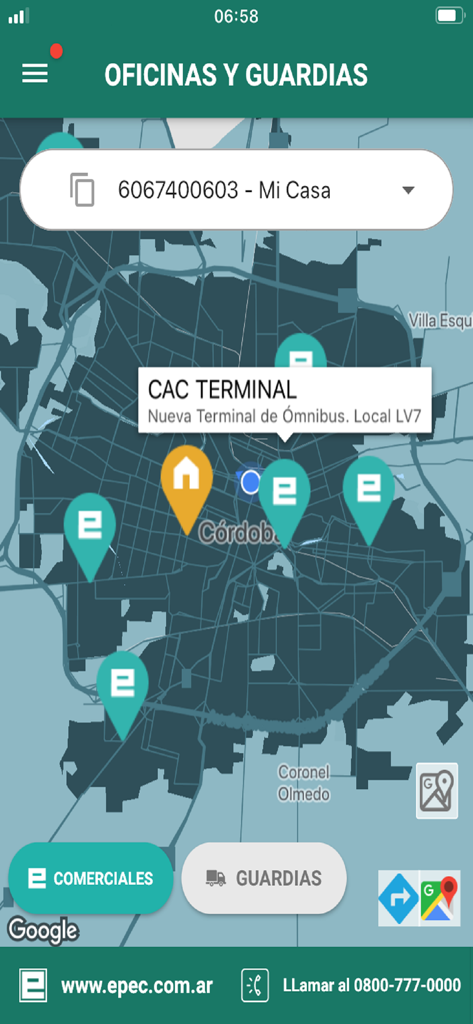 Epec Movil app map screen showing locations of commercial offices and guard service points in Cordoba Argentina