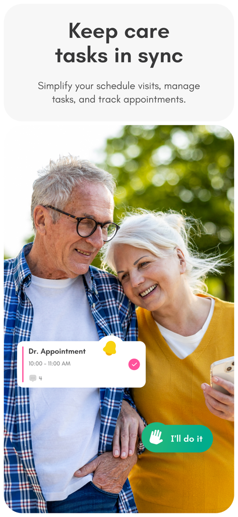 Caring Village - An elderly couple smiling with a digital overlay showing a doctor appointment reminder and a button to volunteer for caregiving tasks.