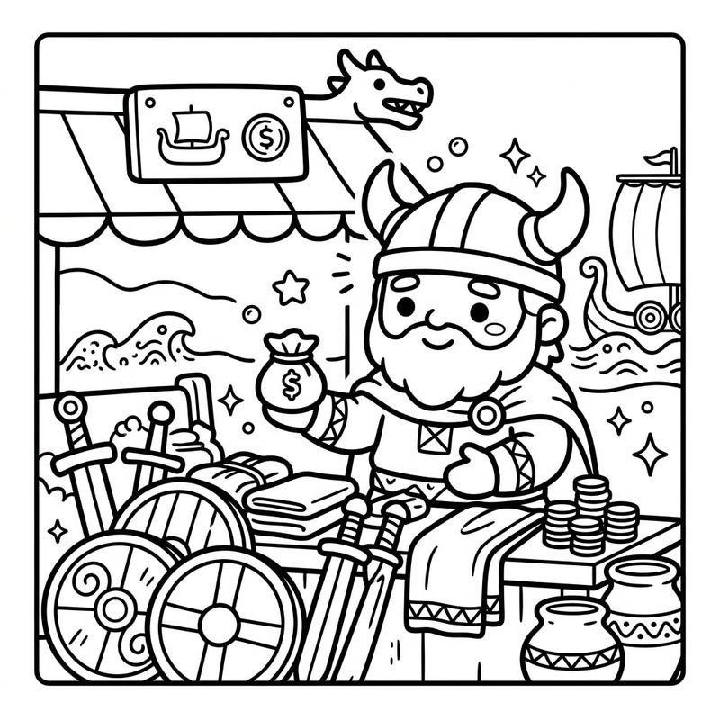Step into a charming world with this delightful Kawaii Viking Trader coloring page, where a friendly merchant awaits with his fascinating wares. This adorable scene is perfect for bringing a touch of Norse charm and cuteness to your coloring collection.