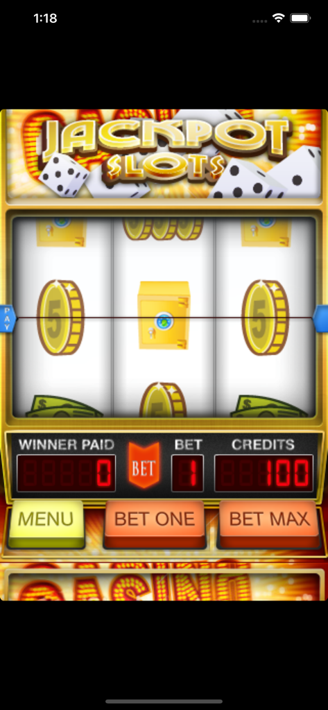 Schermata di gioco di Jackpot Slots con tre rulli che mostrano monete d'oro e pulsanti di scommessa