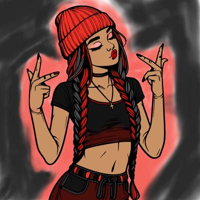 realistic teenage girl with braids and a beanie and crop top doing 🫶🏼