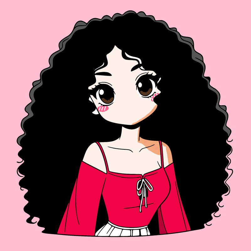 a black anime girl with long afro hair