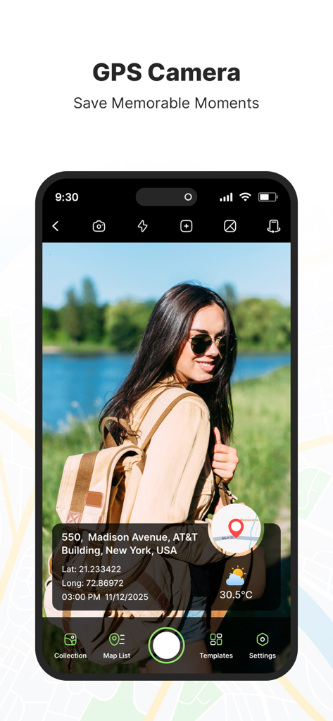GPS Map Camera – GeoTag - ジオタグ付きの写真と場所の住所および座標が表示されているGPS Map Cameraアプリのインターフェイス