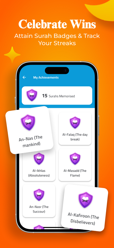 Quranic Family - Écran des réalisations de l'application Famille Coranique montrant les badges de mémorisation de Sourate gagnés
