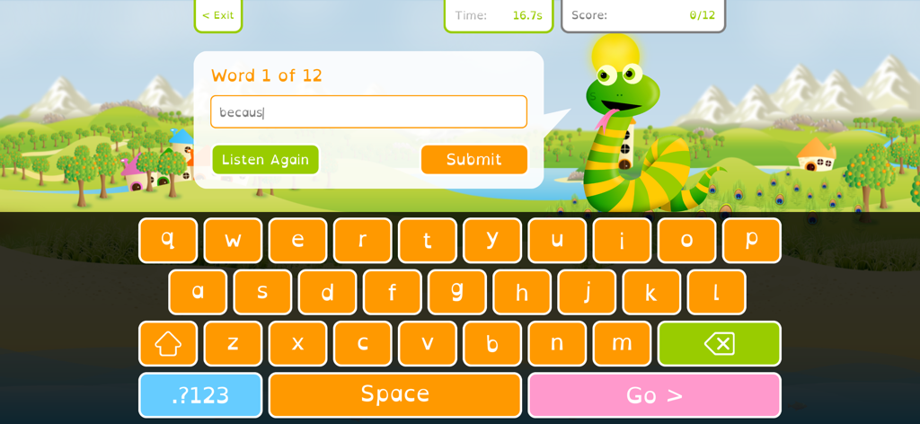 Squeebles Spelling Connect - A spelling test interface in Squeebles Spelling Connect showing a green snake character and a colorful custom keyboard.