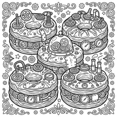 Embark on a culinary and mechanical coloring journey with these unique Steampunk Cronuts, intricately adorned with gears, pipes, and Victorian charm. This creative design offers a challenging yet rewarding experience for colorists of all levels.
