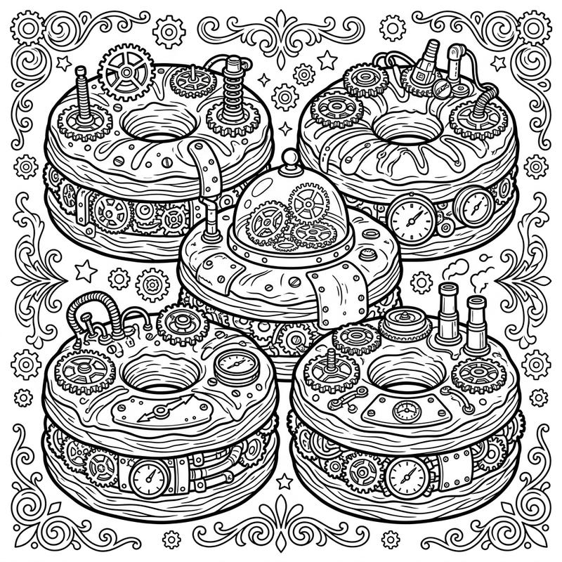 Embark on a culinary and mechanical coloring journey with these unique Steampunk Cronuts, intricately adorned with gears, pipes, and Victorian charm. This creative design offers a challenging yet rewarding experience for colorists of all levels.