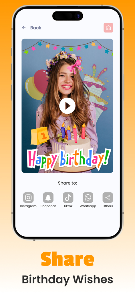 Video Maker Birthday Slideshow - 完了した誕生日ビデオスライドショーのソーシャルメディア共有オプションを表示するインターフェース