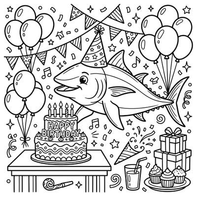 Get ready for an undersea celebration with this adorable Thunnosaurus birthday party coloring page! Join our cheerful fish friend as he enjoys cake, balloons, and all the festive fun, just waiting for your vibrant colors.