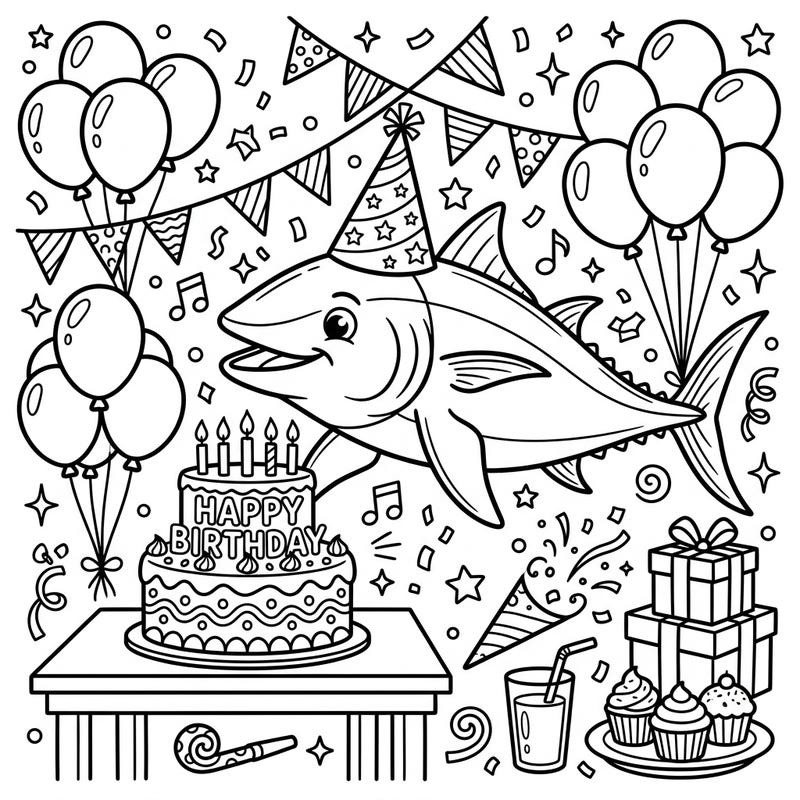 Get ready for an undersea celebration with this adorable Thunnosaurus birthday party coloring page! Join our cheerful fish friend as he enjoys cake, balloons, and all the festive fun, just waiting for your vibrant colors.