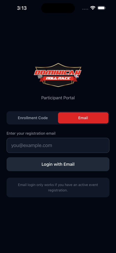 Dominican Roll Race - Login screen for the Dominican Roll Race participant portal
