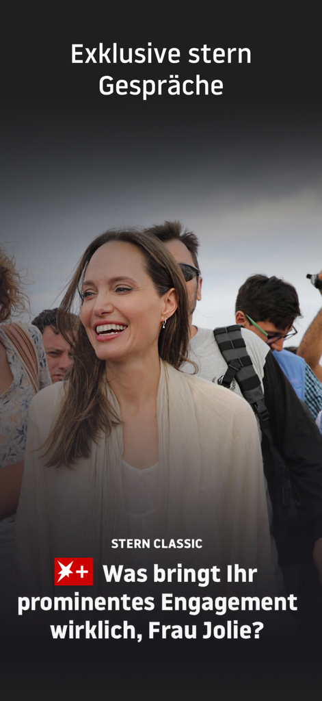 stern Nachrichten - Pantalla de entrevista exclusiva en la aplicación de noticias Stern Nachrichten con Angelina Jolie.