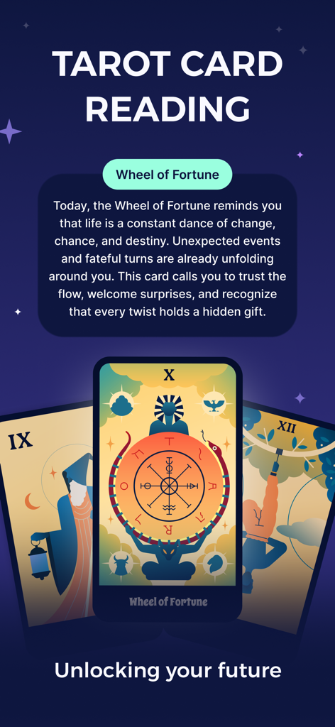 Daily tarot card reading interface in the Astro app featuring the Wheel of Fortune card and descriptive insight