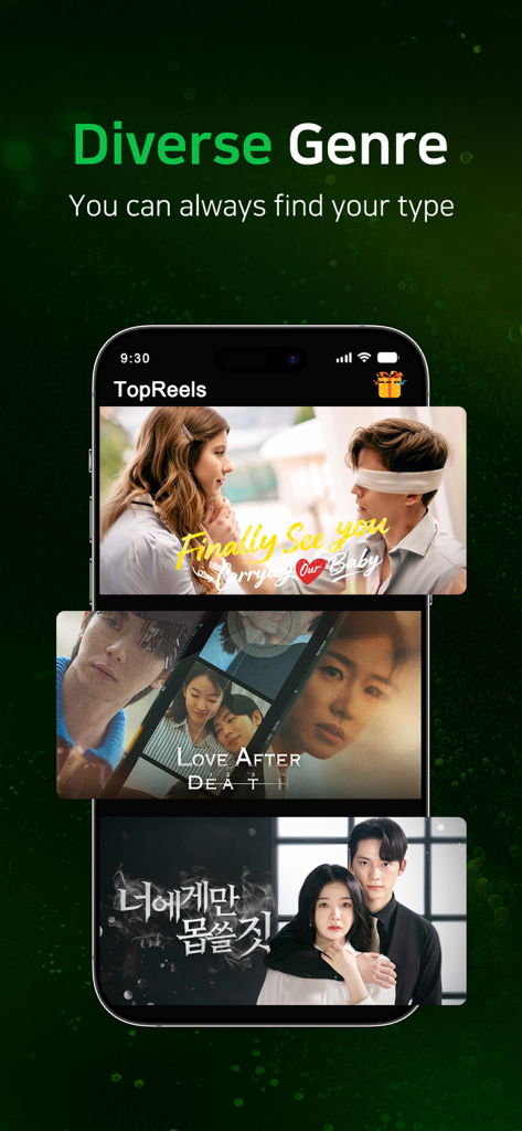 Interfaccia dell'app TopReels che mostra una selezione diversificata di serie drammatiche in formato breve e copertine di film su uno schermo di smartphone