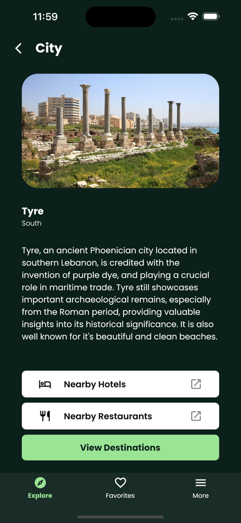 타이어 도시 가이드와 근처 호텔 및 레스토랑을 찾는 버튼이 있는 사진이 포함된 레바논 여행 앱의 스크린샷