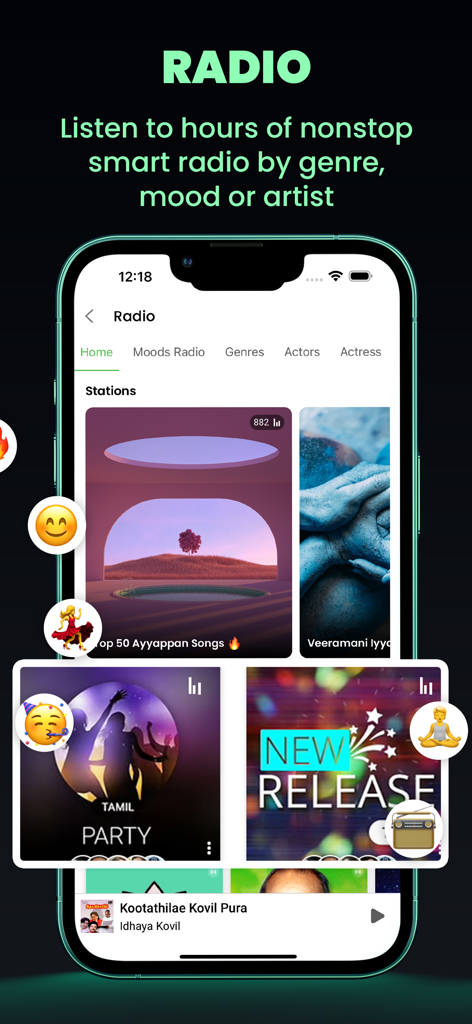 Raaga - Songs & Podcasts - Raaga app interface showing various Indian music radio stations organized by mood and genre