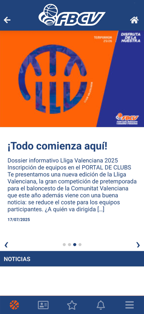 FBCV - App Oficial - Pantalla de inicio de la aplicación oficial de baloncesto FBCV que muestra noticias actuales e información de la liga