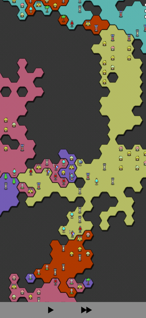 Antiyoy - A minimalist hex-based strategy game map showing different colored territories with small house and unit icons