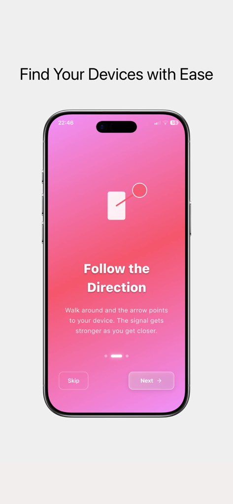 Onboarding screen of the Bluetooth Finder app showing instructions to follow the direction for finding lost devices