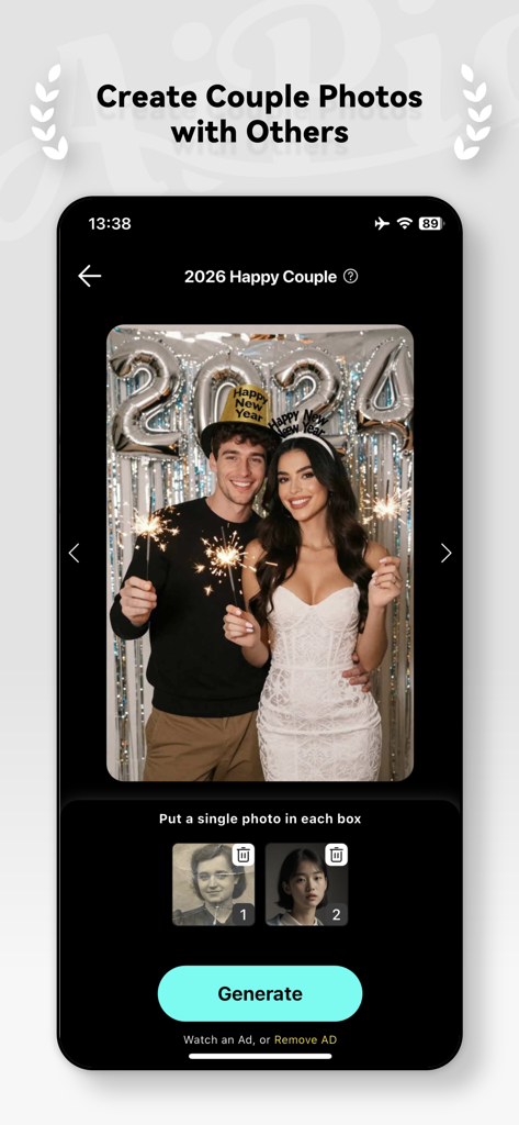 AiPic-Wonder AI Art Generator - Interface of AiPic app for creating AI generated couple photos by uploading two individual pictures