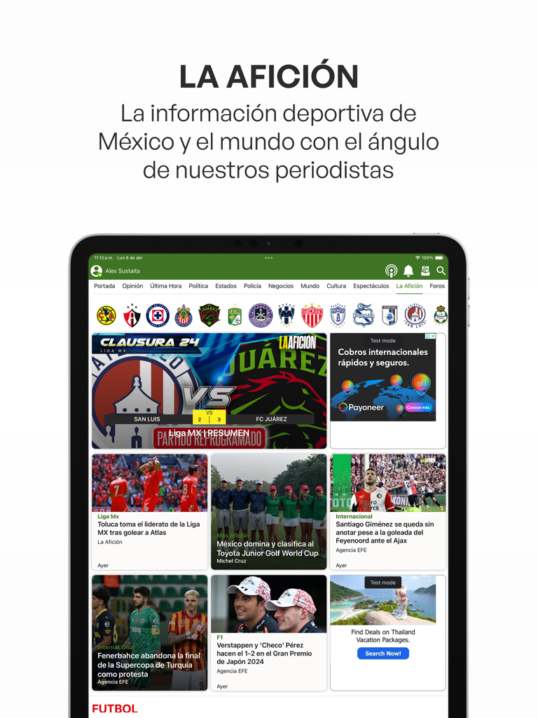 Milenio Impreso - iPad mostrando la sección deportiva La Afición de la aplicación Milenio Impreso con noticias sobre fútbol mexicano y Fórmula 1