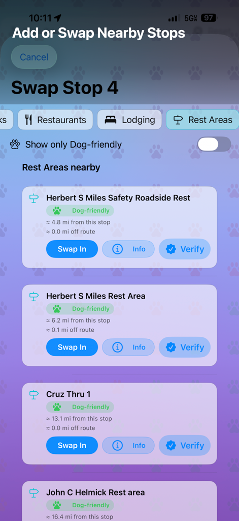 PetStop: Dog Road Trip Planner - A list of dog friendly rest areas to swap into a road trip route in the PetStop app